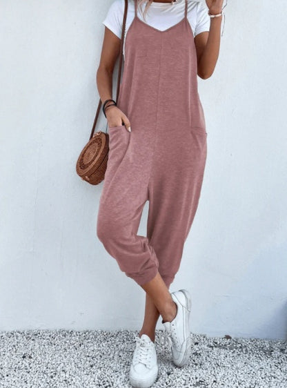 Women's Solid Color Zipper Patch Pocket Sling Jumpsuit For Women