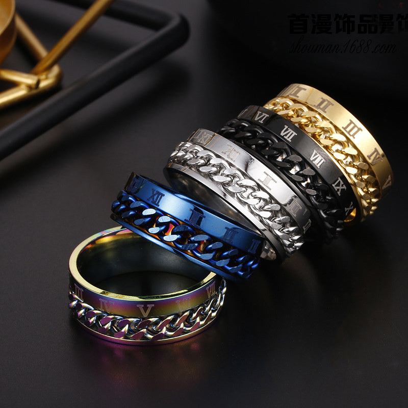 Roman Letter Chain Titanium Steel Ring for Men