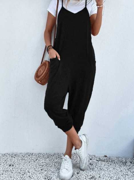 Women's Solid Color Zipper Patch Pocket Sling Jumpsuit For Women