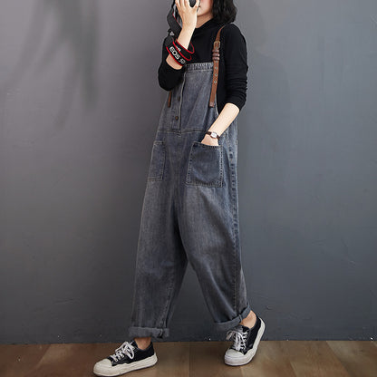 Women's Loose-washed Nine-point Denim Overalls