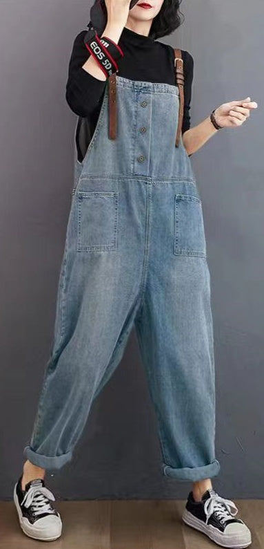 Women's Loose-washed Nine-point Denim Overalls